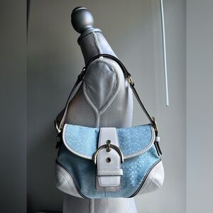 Coach Blue Signature Monogram Canvas and Leather Baguette Bag. COACH.